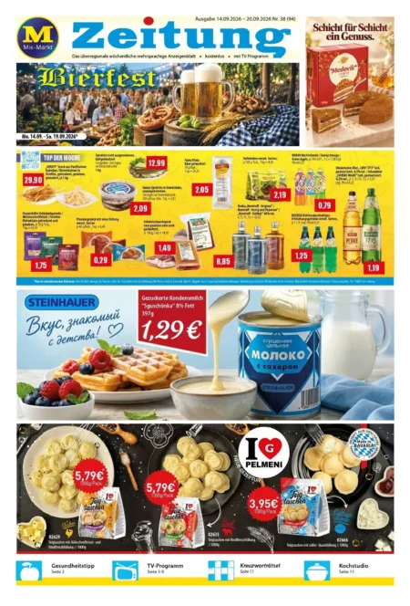 Mix Markt Prospekt ab 14.09.2026 (KW 38) Mix Markt Prospekt ab 14.09.2026 Seite 1 mit Sprotten, Kabeljau, Vodka, Kondensmilch und Pelmeni