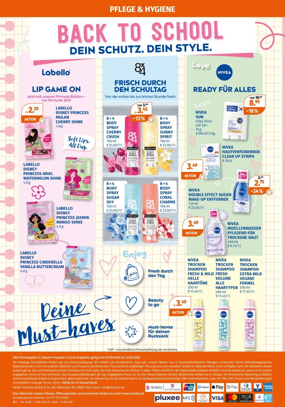 Müller Prospekt KW 37 Seite 4 mit Labello Disney Princess, 8x4 Bodyspray, Nivea Sun und Mizellenwasser