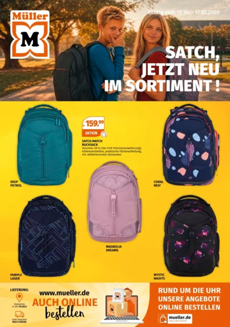 Müller Prospekt nächste Woche ab 12.10.2026 (KW 42) Rucksack Müller Angebote ab 12.10.2026 Seite 1 mit Angeboten für Satch Match Rucksack.