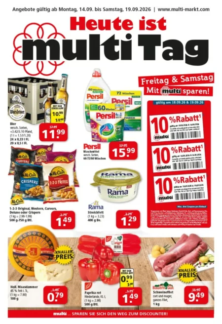Multi Markt Angebote im Prospekt ab 14.09.2026 (KW 38) Multi Markt Angebote ab 14.09.2026 Seite 1 mit Angeboten für Persil, Warsteiner Bier, Rama und Schweinefilet