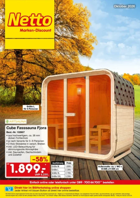 Netto Marken-Discount Bestellmagazin: Oktober-Angebote online blättern Netto Marken-Discount Angebote ab 01.10.2026 Seite 1 mit Angeboten für Artsauna Cube Fasssauna Fjora