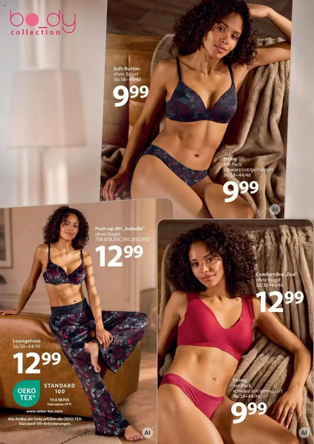 NKD Prospekt KW 40 Seite 2 mit Soft-Bustier, Push-up-BH Isabella, Comfort-Bra Eva, Loungehose und String.