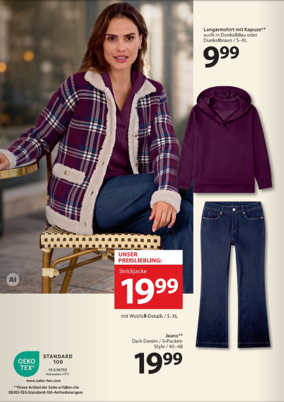 NKD Prospekt Seite 2 mit karierter Strickjacke mit Webfell, lila Langarmshirt mit Kapuze und Dark Denim 5-Pocket-Jeans.