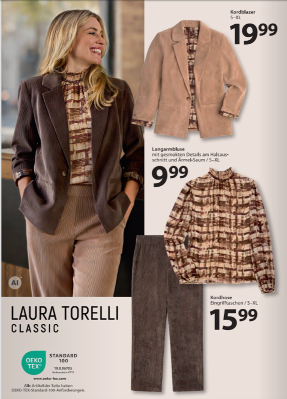 NKD Prospekt Seite 4 mit braunem Laura Torelli Kordblazer, gemusterter Langarmbluse mit Gesmokten Details und Kordhose.