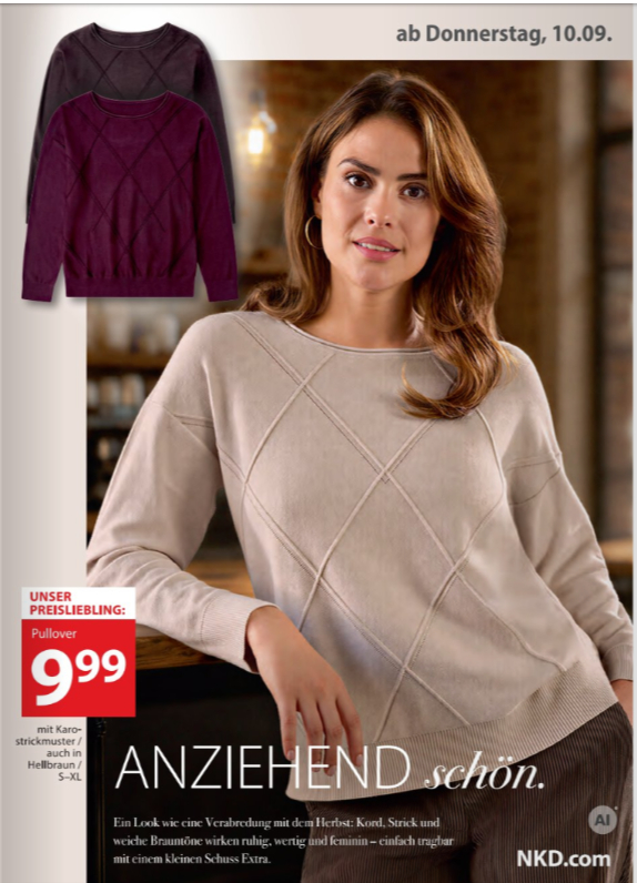 NKD Prospekt Seite 5 mit gemütlichem Damen Pullover mit Karostrickmuster in Hellbraun und Beere für den Herbst.