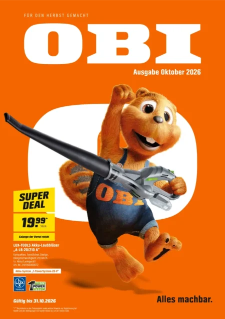 Obi Prospekt ab 01.10.2026 OBI Prospekt ab 01.10.2026 Seite 1 mit LUX-TOOLS Akku-Laubbläser.