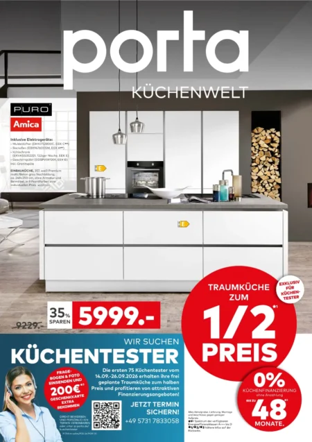 Porta Prospekt ab 14.09.2026 (KW 38–39) küchen Porta Prospekt ab 14.09.2026 Seite 1 mit Amica Einbauküche, Granitspüle und Küchenwelt