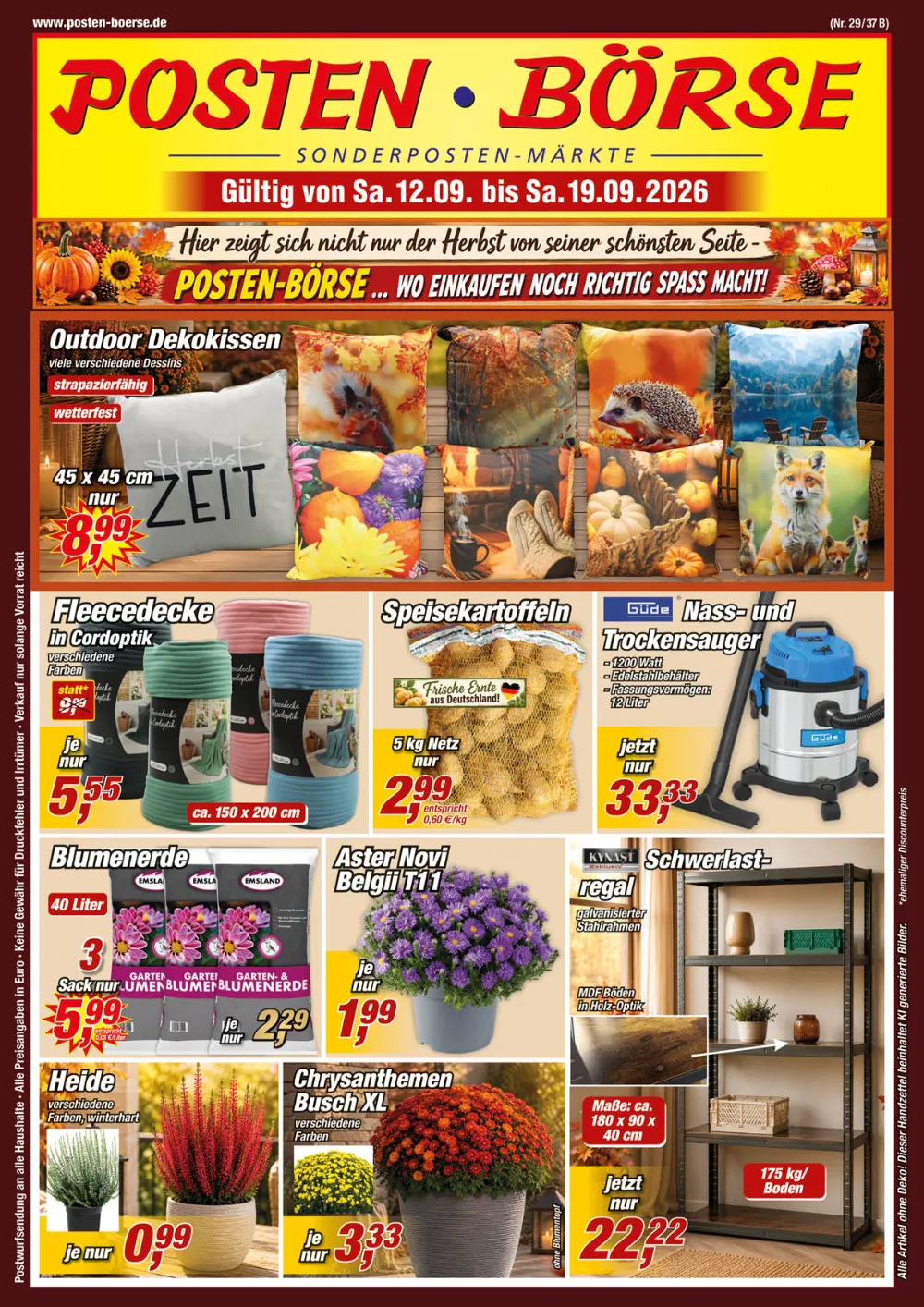 Posten Börse Prospekt ab 12.09.2026 Seite 1 mit Dekokissen, Fleecedecken, Kartoffeln und Schwerlastregal