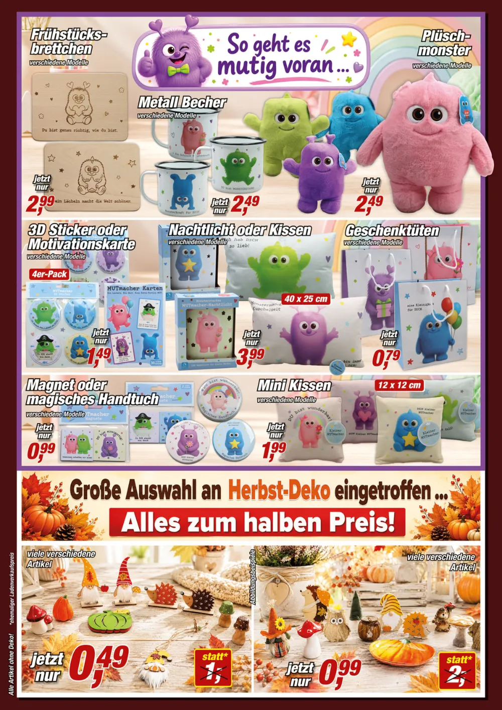 Posten Börse Prospekt KW 38 Seite 6 mit Frühstücksbrettchen, Plüschmonstern, Nachtlichtern und Herbst-Deko