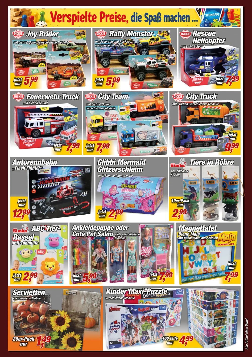 Posten Börse Prospekt KW 38 Seite 7 mit Dickie Spielzeugautos, Autorennbahn, Glibbi Schleim und Kinder-Puzzles