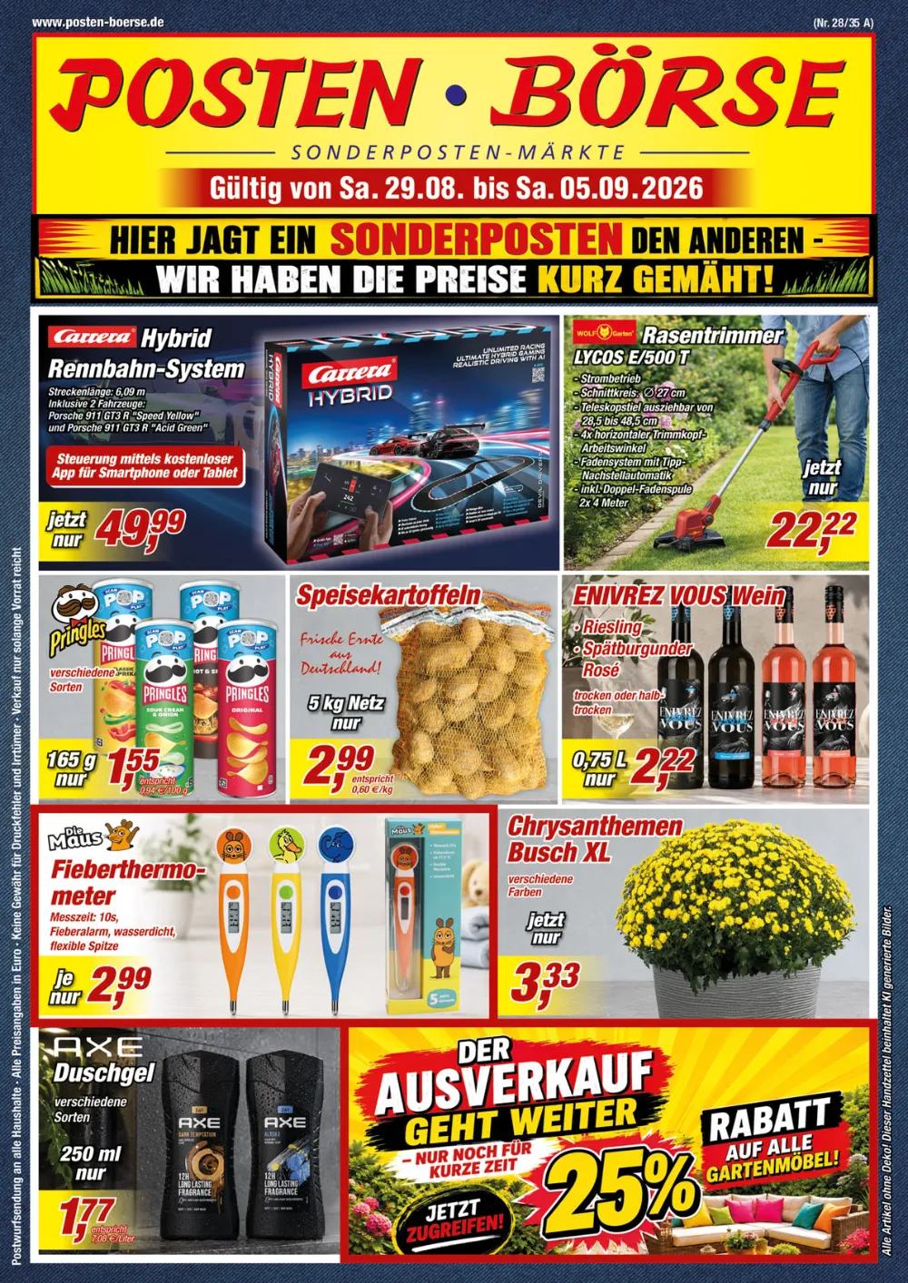 Posten-Börse Prospekt KW 36 Seite 1 mit Carrera Rennbahn, Rasentrimmer, Kartoffeln und Pringles