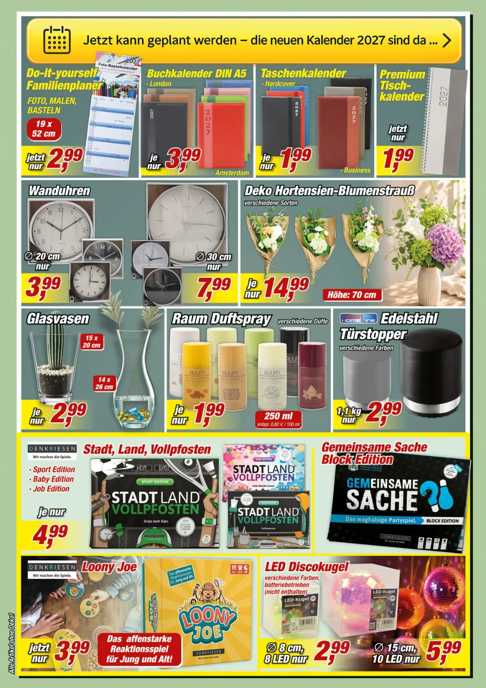 Posten-Börse Prospekt KW 36 Seite 2 mit Kalendern, Wanduhren, Vasen, Duftspray und Spielen