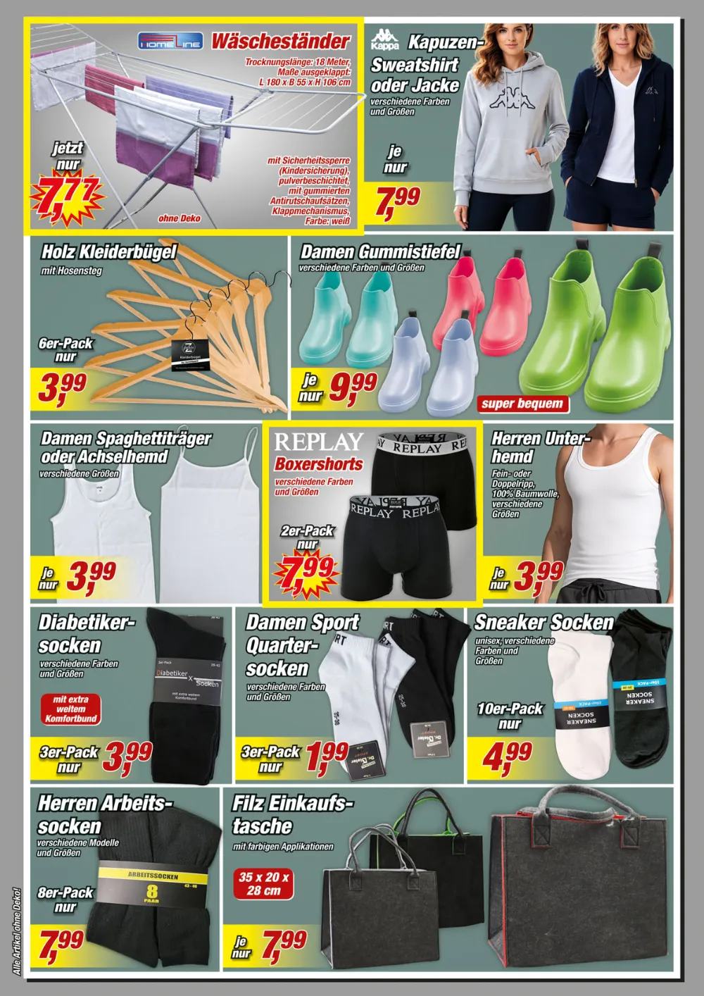 Posten-Börse Prospekt KW 36 Seite 4 mit Wäscheständer, Kleidung, Gummistiefeln, Socken und Einkaufstaschen