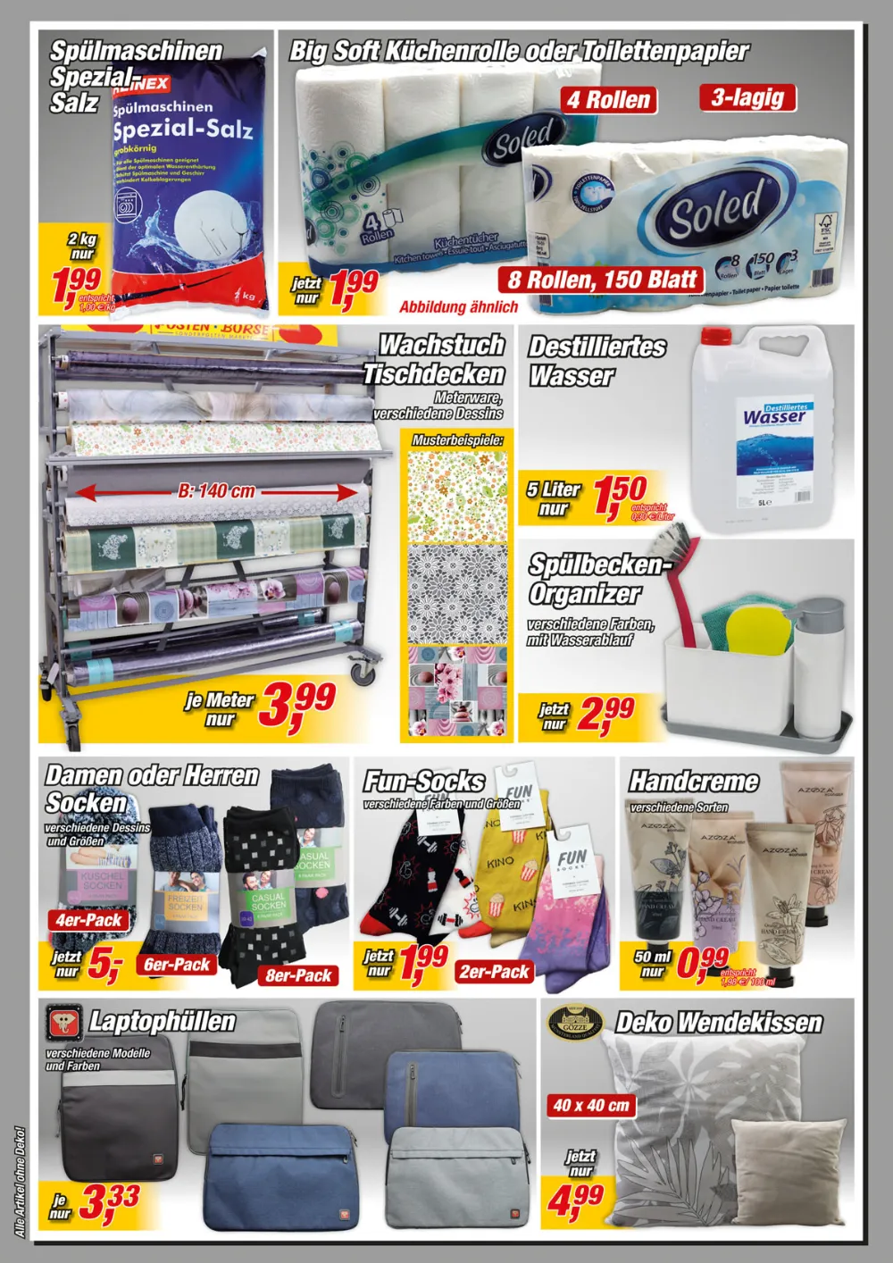 Posten-Börse Prospekt KW 36 Seite 6 mit Küchenrollen, Toilettenpapier, Tischdecken, Socken und Laptop-Hüllen