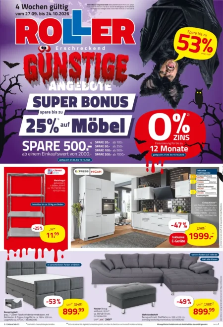 ROLLER Prospekt ab 27.09.2026 (KW 40–43) Roller Prospekt ab 27.09.2026 Seite 1 mit Metallregal, Einbauküche, Boxspringbett, Hocker und Wohnlandschaft.