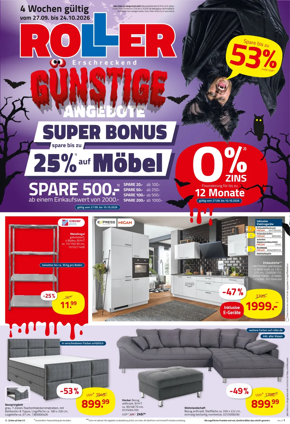 Roller Prospekt ab 27.09.2026 Seite 1 mit Metallregal, Einbauküche, Boxspringbett, Hocker und Wohnlandschaft.