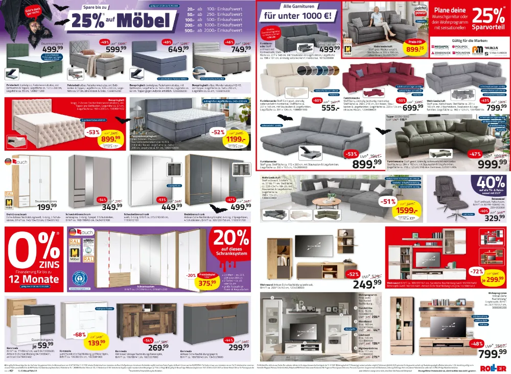 Roller Prospekt KW 40 Seite 4 mit Boxspringbett, Ecksofa, Schwebetürenschrank, Relaxsessel und Wohnwand.