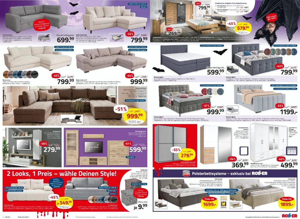 Roller Prospekt KW 40 Seite 5 mit Schlafsofa, Wohnlandschaft, Futonbett, Boxspringbett und Kleiderschrank.