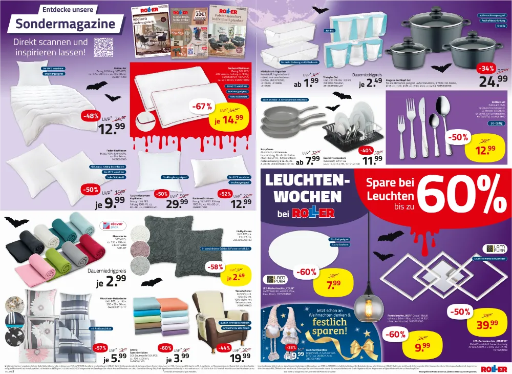 Roller Prospekt KW 40 Seite 6 mit Betten-Set, Kochtopf-Set, Besteck-Set, Deckenleuchte und Sessel.