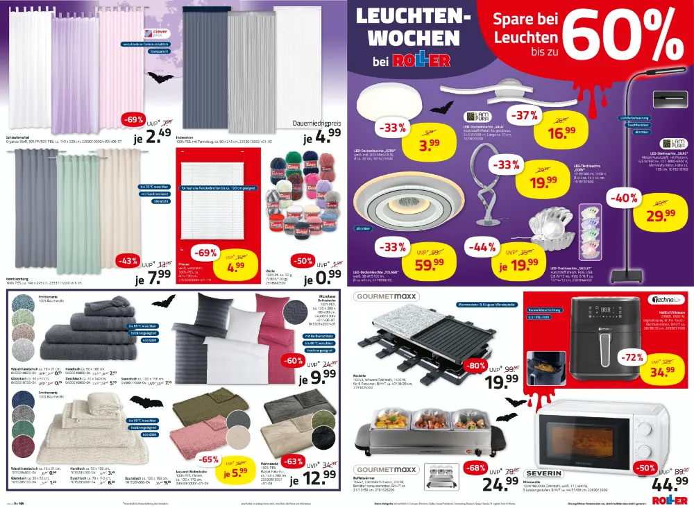 Roller Prospekt KW 40 Seite 7 mit Vorhängen, LED-Leuchten, Frottierwaren, Raclette-Grill und Heißluftfritteuse.