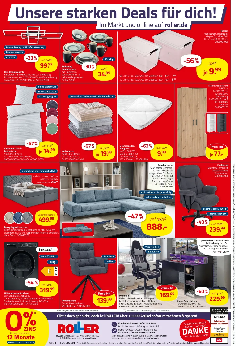 Roller Prospekt KW 40 Seite 9 mit Kombiservice, Mehrzweckschrank, Chefsessel, Wärmepumpentrockner und Schreibtisch.
