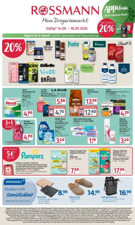 Rossmann Prospekt ab 14.09.2026 (KW 38) Rossmann Prospekt ab 14.09.2026 Seite 1 mit Persil Waschmittel Gel, La Rive Parfum, Lavazza Bohnen und Pampers