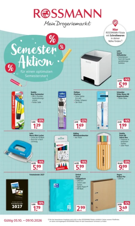 Rossmann Schulbedarf-Angebote ab 05.10.2026 (KW 41) Rossmann Schulbedarf Angebote ab 05.10.2026 Seite 1 mit Angeboten für Stabilo, Pelikan, Leitz, Edding & Oxford