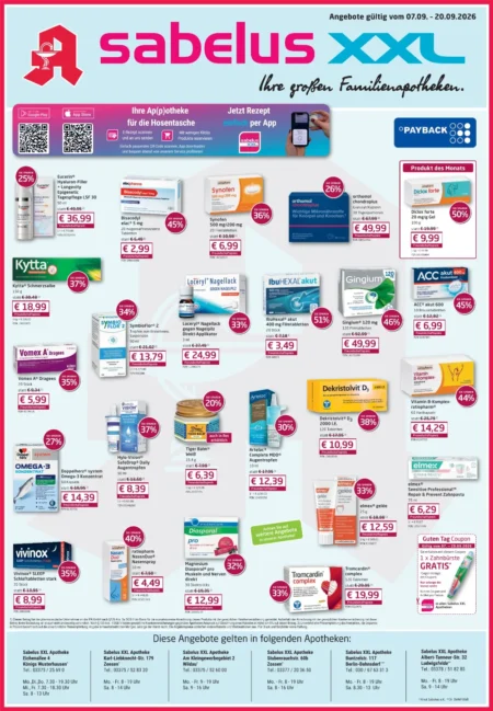 Sabelus XXL Prospekt September 2026 Sabelus XXL Apotheke Prospekt ab 07.09.2026 Seite 1 mit Eucerin Tagespflege, Kytta Schmerzsalbe, Synofen und Diclox forte.