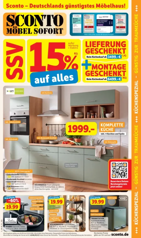 Sconto Angebote im Prospekt ab 16.09.2026 (KW 33– 41) Küchen Sconto Angebote ab 16.09.2026 Seite 1 mit Angeboten für Küchenzeile, Pfanne, Küchenwagen und Trennstation.