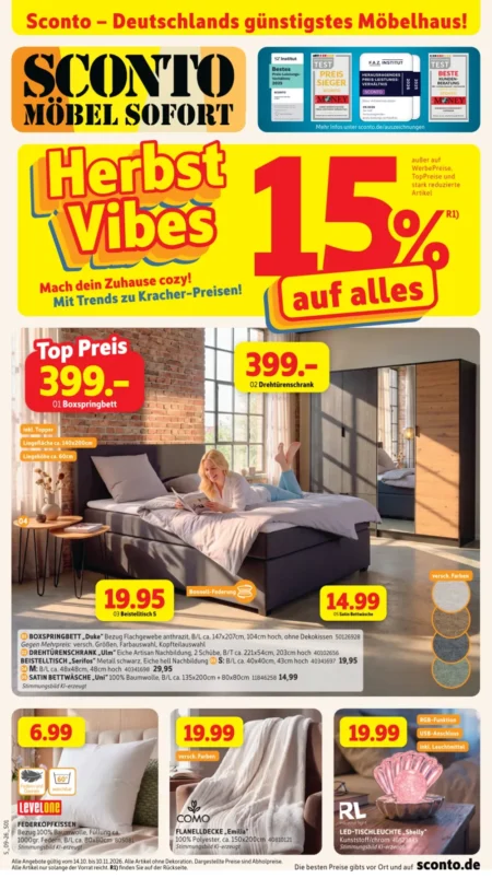 Sconto Prospekt ab 14.10.2026 (KW 42– 45) Sconto Prospekt ab 14.10.2026 Seite 1 mit Boxspringbett Duke, Drehtürenschrank Ulm, Beistelltisch S & Bettwäsche