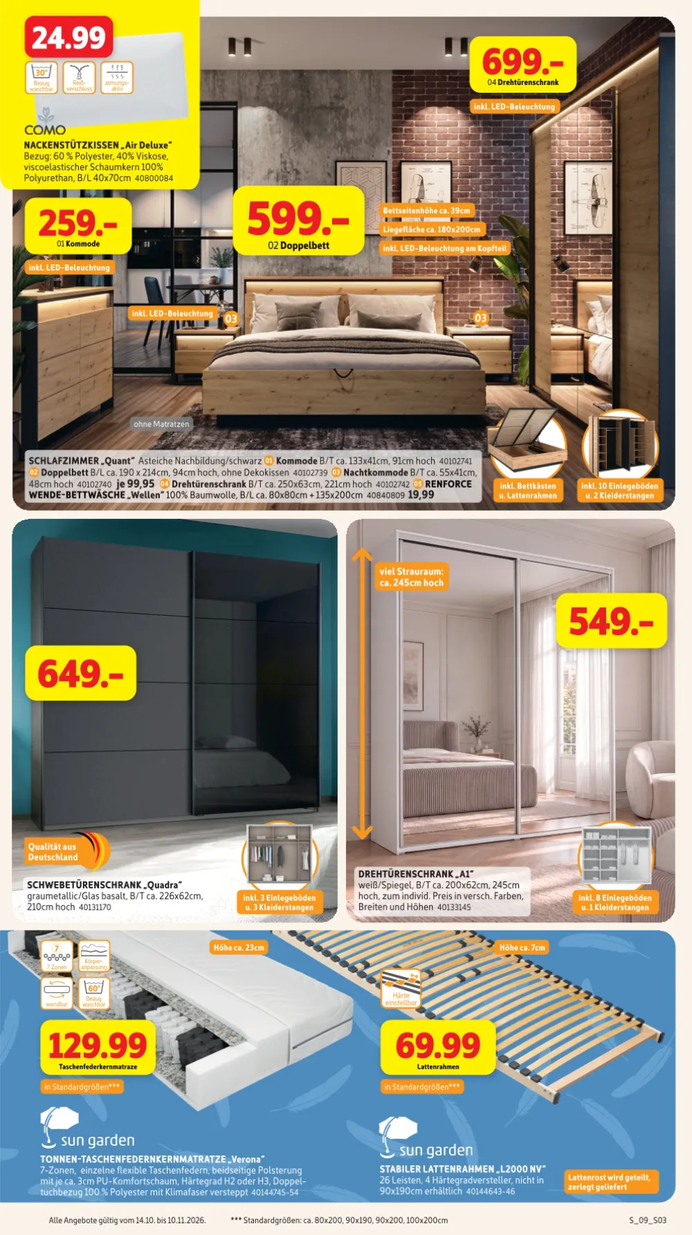Sconto Prospekt KW 42-45 Seite 3 mit Nackenkützenkissen Air Deluxe, Schlafzimmer Quant, Kommode, Doppelbett & Drehtürenschrank