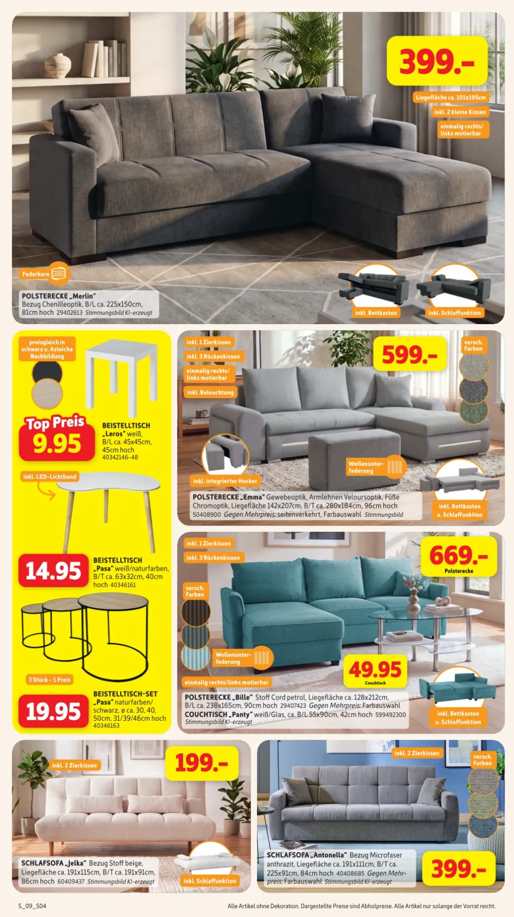Sconto Prospekt KW 42-45 Seite 4 mit Polsterecke Merlin, Beistelltisch Leros, Schlafsofa Jelka & Schlafsofa Antonella
