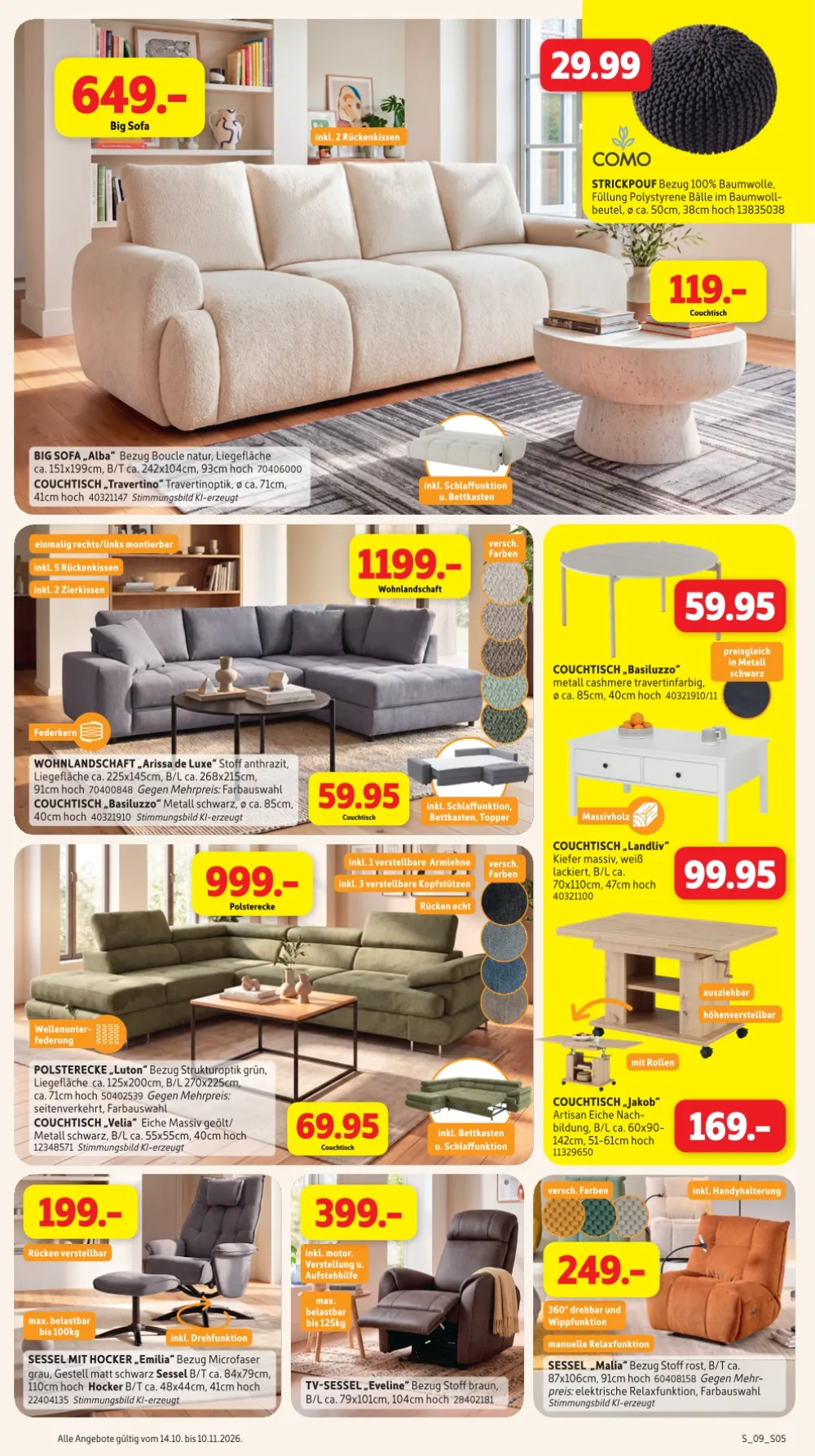 Sconto Prospekt KW 42-45 Seite 5 mit Big Sofa Alba, Strickpouf, Wohnlandschaft Arissa de Luxe, Polsterecke Luton & Sessel Emilia