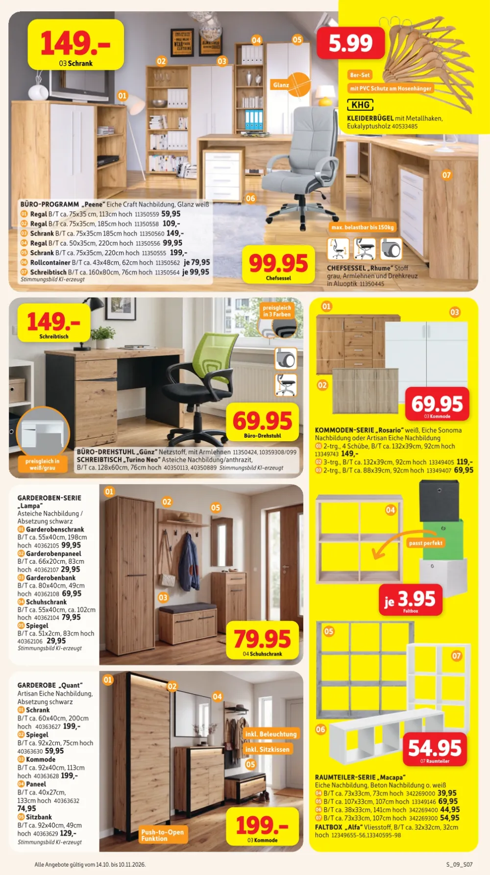 Sconto Prospekt KW 42-45 Seite 7 mit Büro-Programm Peene, Chefsessel Rhume, Büro-Drehstuhl Günz & Garderoben-Serie Lampa
