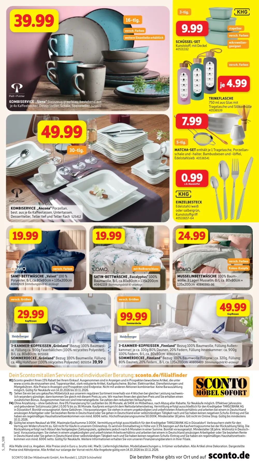 Sconto Prospekt KW 42-45 Seite 8 mit Kombiservice Siena, Schüssel-Set, Trinkflasche, Samtbettwäsche Velvet & 3-Kammer-Kopfkissen