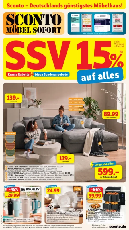 Sconto Prospekt ab 16.09.2026 (KW 38 bis KW 41) Sconto Prospekt ab 16.09.2026 Seite 1 mit Wohnlandschaft, Couchtisch, Sideboard, Kombiservice und Heißluftfritteuse.