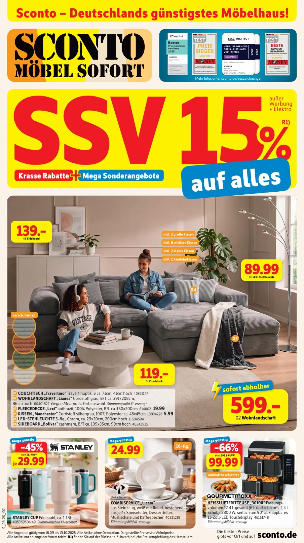 Sconto Prospekt ab 16.09.2026 Seite 1 mit Wohnlandschaft, Couchtisch, Sideboard, Kombiservice und Heißluftfritteuse.