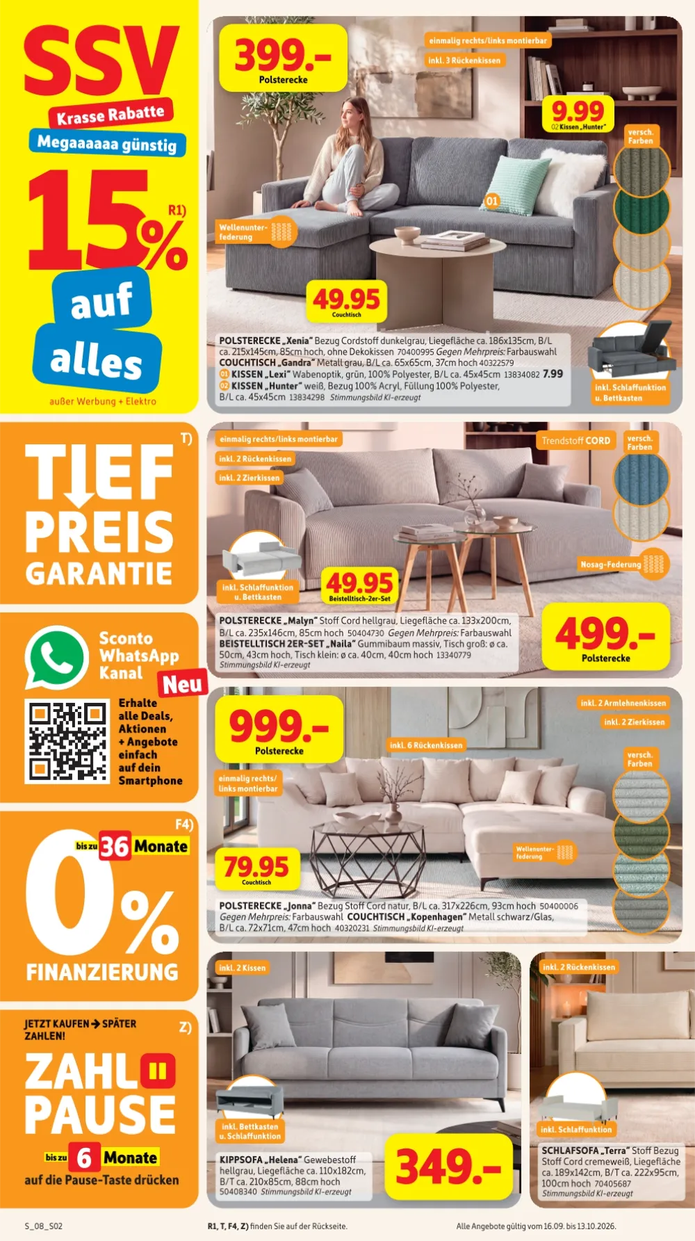 Sconto Prospekt ab 16.09.2026 Seite 2 mit Polsterecke, Beistelltisch, Couchtisch, Kippsofa und Schlafsofa.