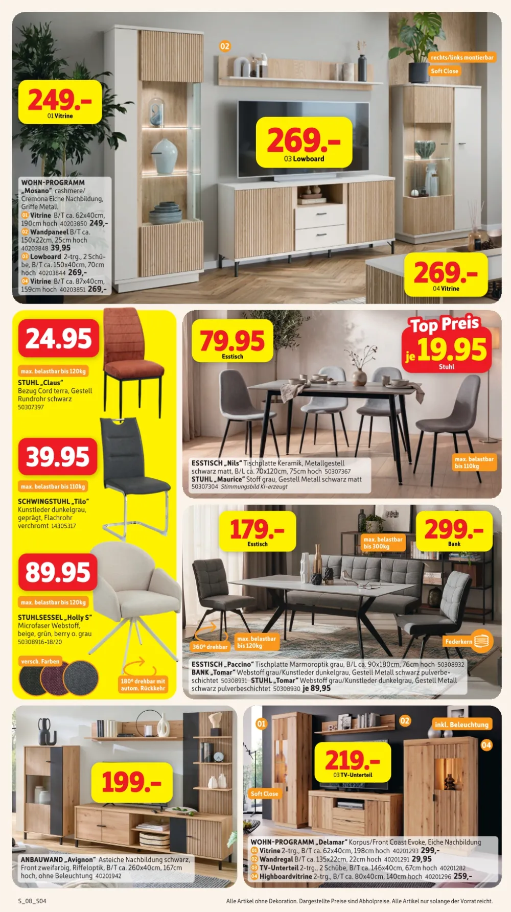 Sconto Prospekt ab 16.09.2026 Seite 4 mit Vitrine, Lowboard, Stuhl, Esstisch, Bank und TV-Unterteil.