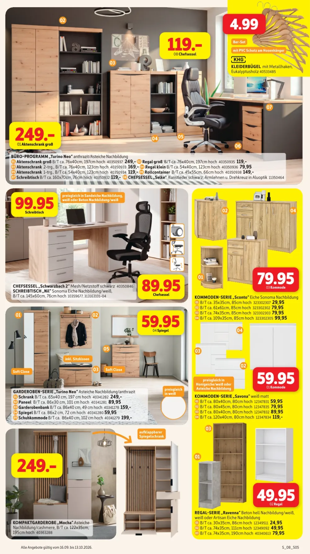 Sconto Prospekt ab 16.09.2026 Seite 5 mit Aktenschrank, Schreibtisch, Chefsessel, Kommode und Garderobe.