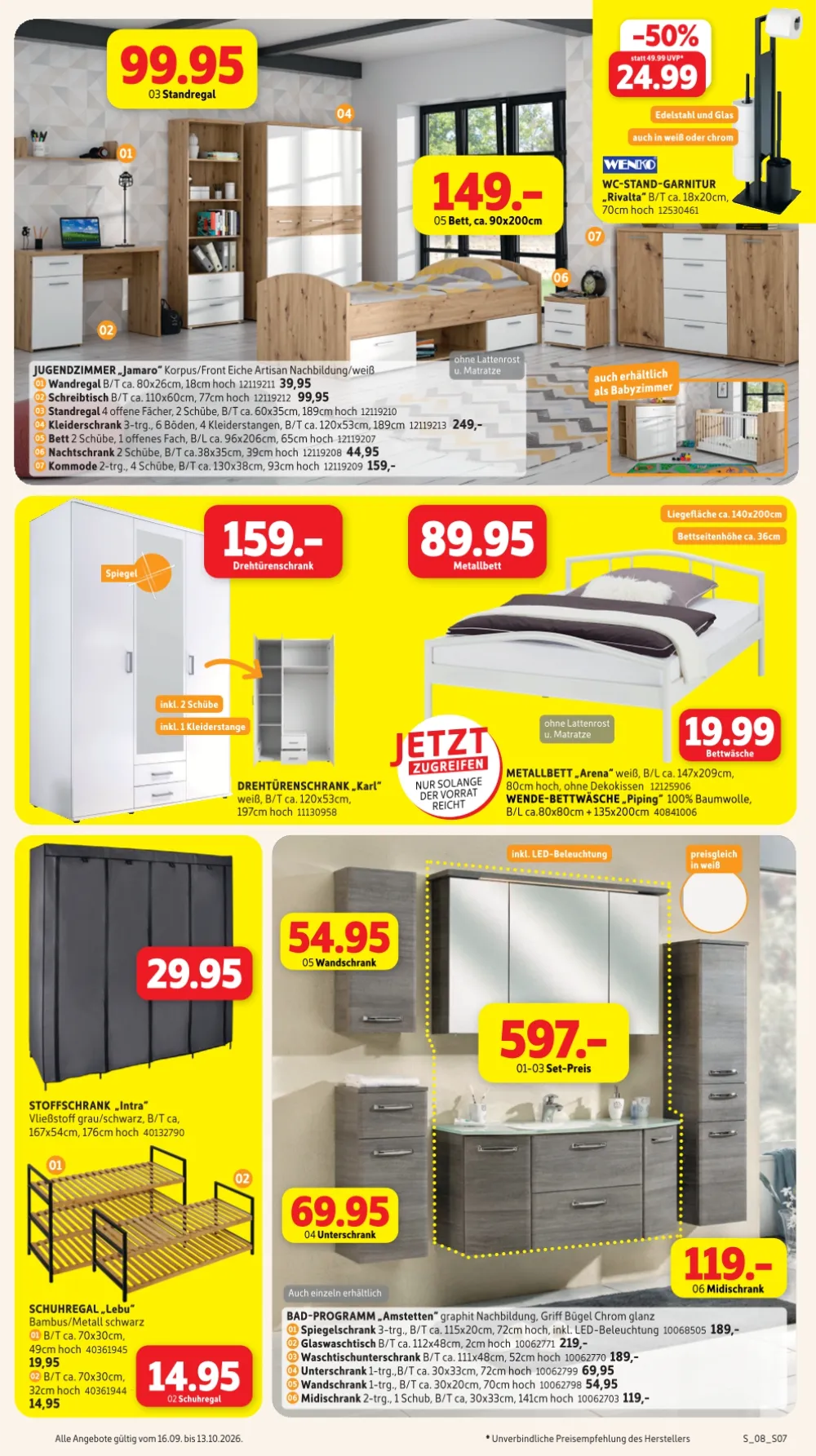 Sconto Prospekt ab 16.09.2026 Seite 7 mit Jugendzimmer, Metallbett, Spiegelschrank und Schuhregal.