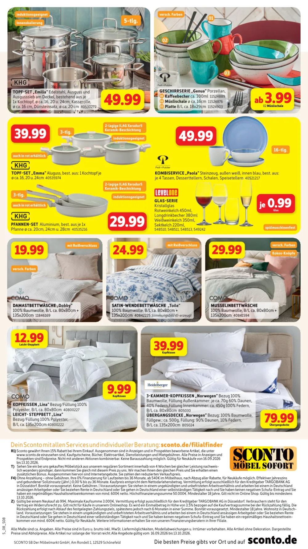 Sconto Prospekt ab 16.09.2026 Seite 8 mit Topf-Set, Geschirrserie, Pfannen-Set, Glas-Serie und Bettwäsche.