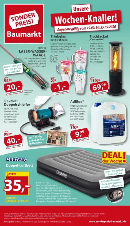 Sonderpreis Baumarkt Prospekt ab 19.09.2026 (KW 39) Sonderpreis Baumarkt Prospekt ab 19.09.2026 Seite 1 mit Bosch Laser-Wasserwaage, Doppelschleifer, AdBlue und Luftbett
