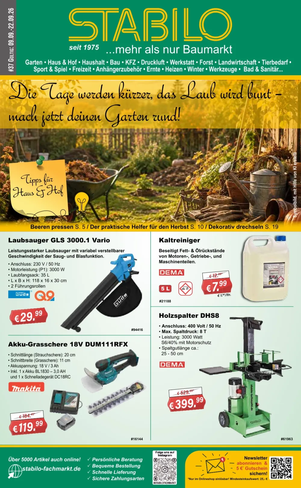 Stabilo Fachmarkt Angebote ab 09.09.2026 Seite 1 mit Angeboten für Güde Laubsauger, Makita Grasschere & Holzspalter