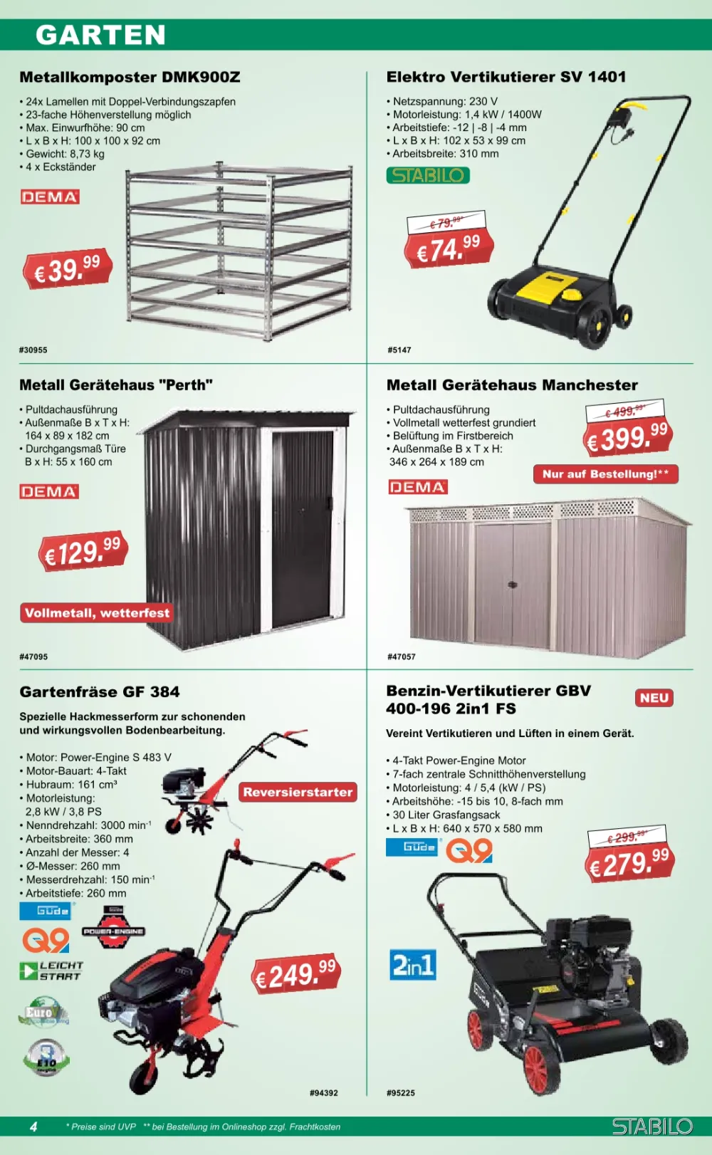 Stabilo Fachmarkt Angebote Seite 4 mit Angeboten für Metallkomposter, Vertikutierer, Gerätehaus & Gartenfräse