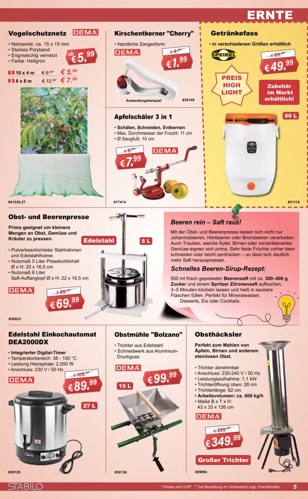 Stabilo Fachmarkt Angebote Seite 5 mit Angeboten für Kirschenentkerner, Apfelschäler, Obstpresse & Einkochautomat