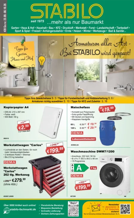 Stabilo Fachmarkt Prospekt ab 23.09.2026 (KW 39–40) Stabilo Fachmarkt Prospekt ab 23.09.2026 Seite 1 mit Kopierpapier A4, Maischefass, Werkstattwagen und Waschmaschine.