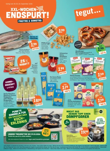 Tegut Prospekt ab 31.08.2026 (KW 38) Tegut Prospekt ab 14.09.2026 Seite 1 mit Seelachsfilet, Pfifferlingen, Schwartau Konfitüre und De Cecco Pasta