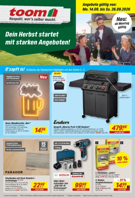 Toom Baumarkt Angebote im Prospekt ab 14.09.2026 (KW 38) Toom Baumarkt Angebote ab 14.09.2026 Seite 1 mit Angeboten für Enders Gasgrill, Vinylboden und Bosch Akkuschrauber