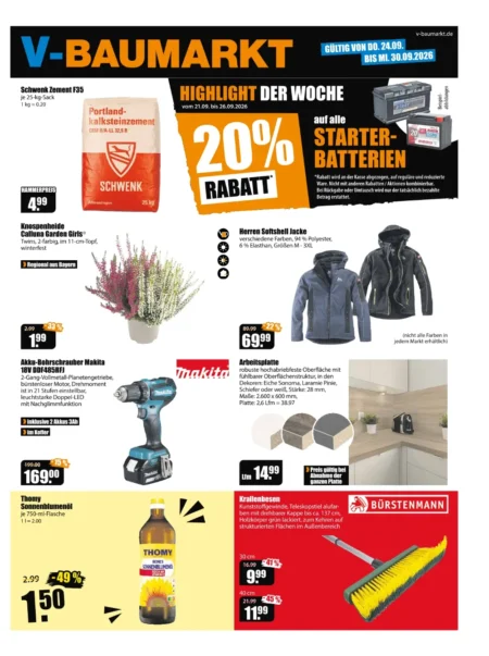 V-Baumarkt Aalen Prospekt ab 24.09.2026 (KW 39) V-Baumarkt Aalen Prospekt ab 24.09.2026 Seite 1 mit Zement, Calluna, Softshelljacke, Makita Bohrschrauber und Besen